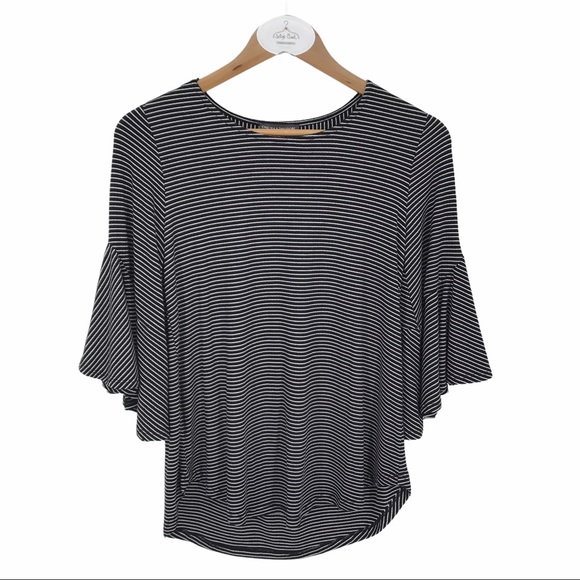 Chelsea Theodore knit top XS black white stripe short flounce sleeve NWT - Picture 1 of 6